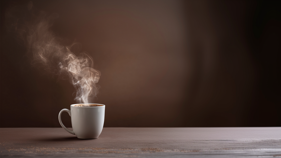 Steaming mug on a wooden table with a dark background